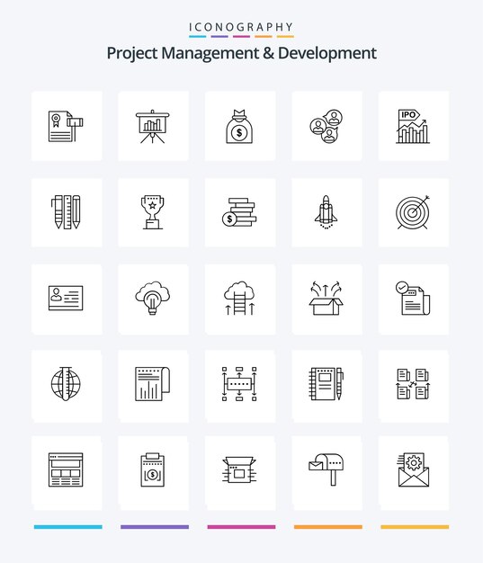 クリエイティブ プロジェクト管理と開発 25 アウトライン アイコン パック モダン フォーカス レポート ビジネス ビジネスなど