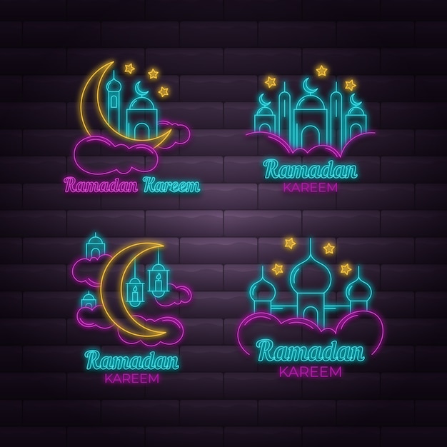 Free vector creative ramadan neon sign set