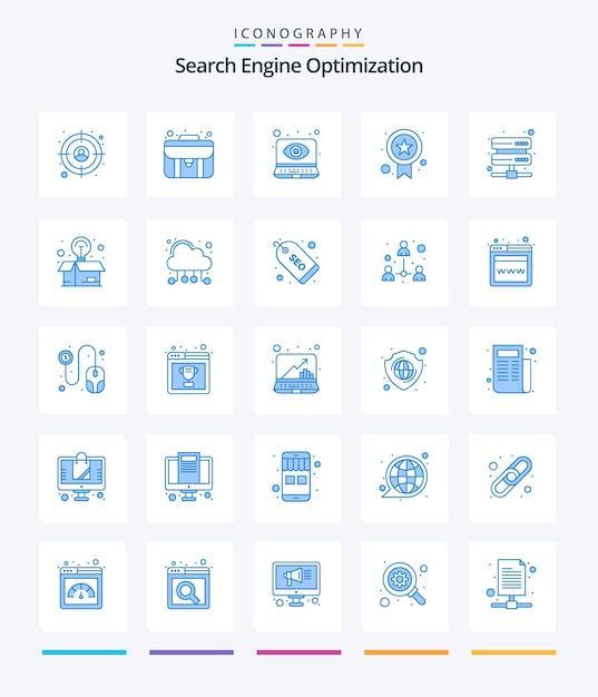 Бесплатное векторное изображение Пакет значков creative seo 25 blue, например, ящик для хранения данных, мониторинг качества сервера глаз