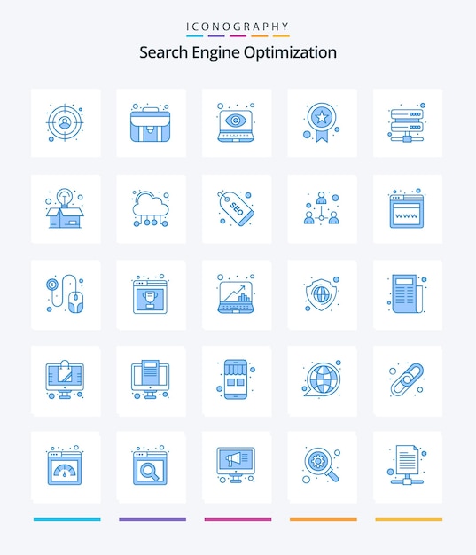 Пакет значков creative seo 25 blue, например, ящик для хранения данных, мониторинг качества сервера глаз