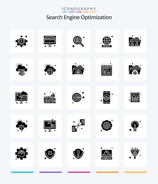 Free vector creative seo 25 glyph solid black icon pack such as data folder targeting file website