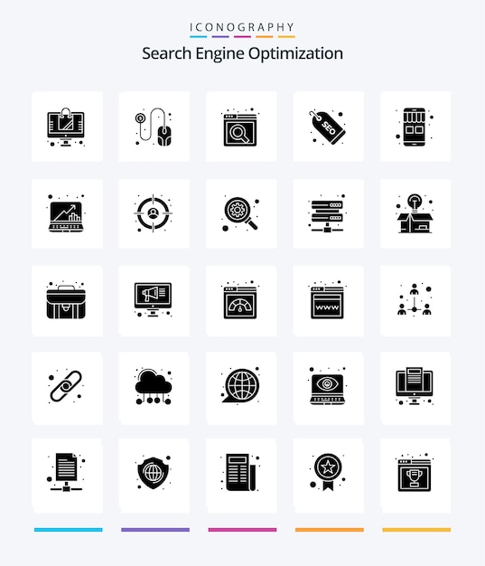 Пакет значков Creative Seo 25 Glyph Solid Black, такой как веб-сайт ноутбука, интернет-магазин, электронная коммерция