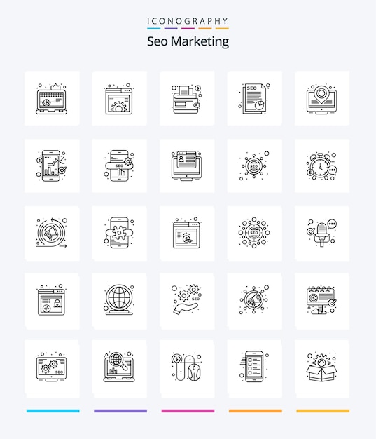 Free vector creative seo marketing 25 outline icon pack such as marketing data web seo document
