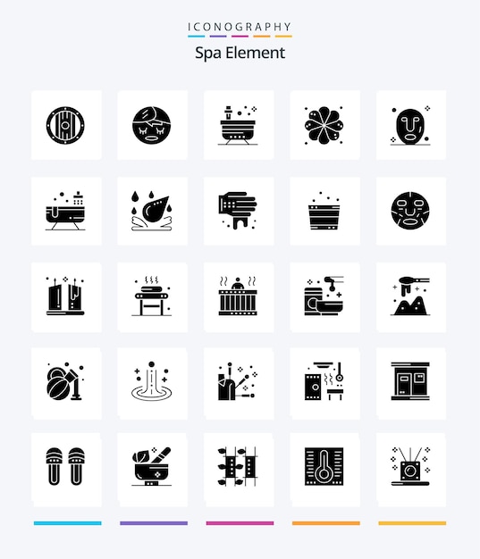 Free vector creative spa element 25 glyph solid black icon pack such as spa facial beauty element plumeria