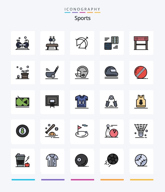 Vettore gratuito creative sports 25 line filled icon pack come i dadi di gioco suonano il bersaglio sportivo