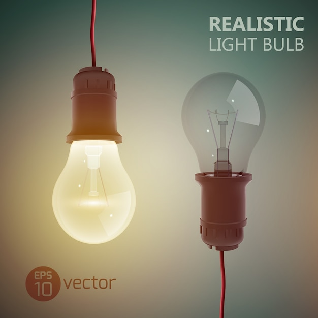 Free vector creative square with two light bulbs turned on and off hanging on wires on gradient illustration