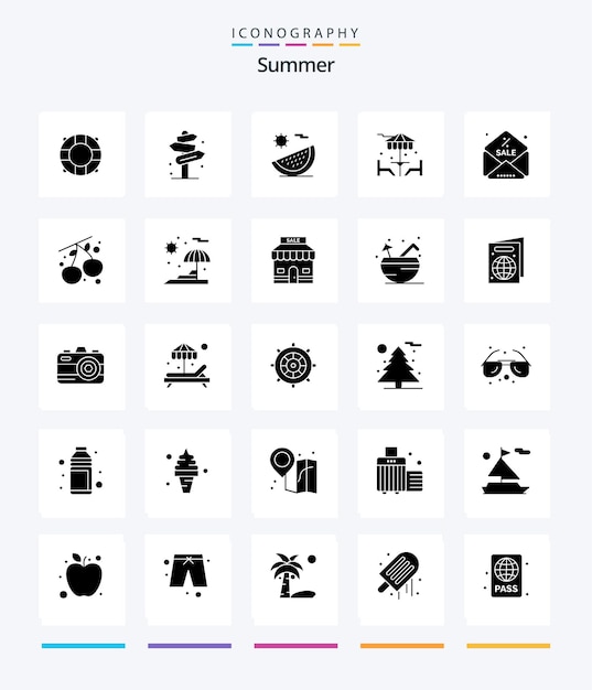 Creative Summer 25 Glyph Solid Black icon pack, такие как скидка на ужин, пляжное украшение, отпуск