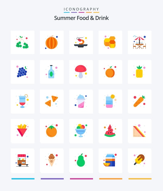 無料ベクター 創造的な夏の食べ物飲み物 25 ビーチ アルコール エビ甘い蜂蜜などのフラット アイコン パック