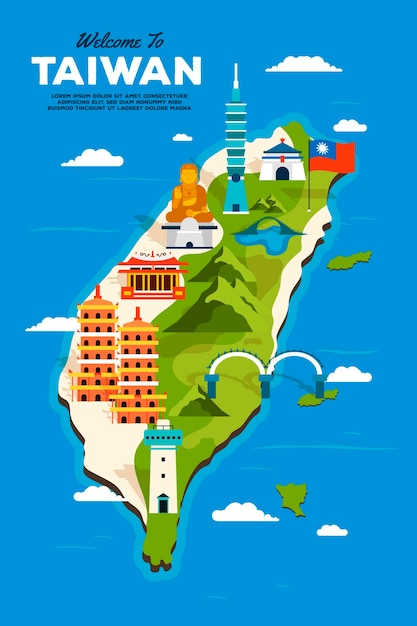 Free vector creative taiwan map with landmarks