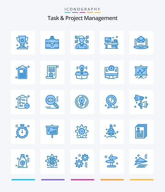 クリエイティブ タスクとプロジェクト管理 25 ブルー アイコン パック ビジネス メール プロファイル ラップトップ モニターなど