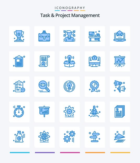 Creative Task And Project Management 25 Пакет синих значков, таких как монитор ноутбука профиля деловой почты