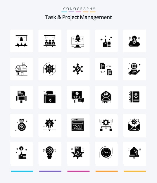 Free vector creative task and project management 25 glyph solid black icon pack such as hand search startup computer