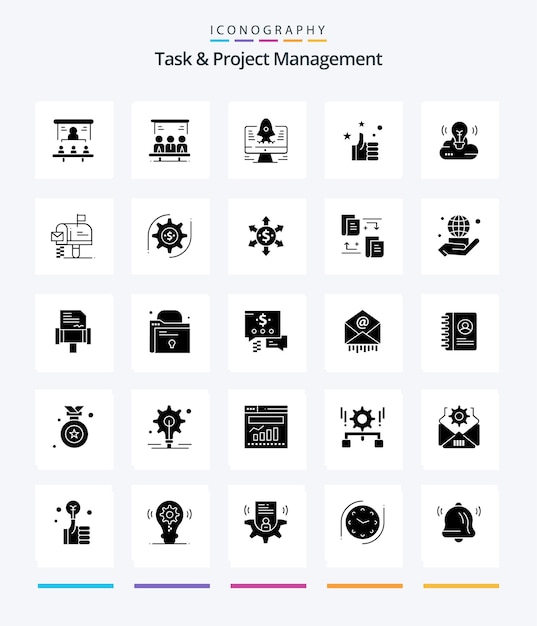 Креативное управление задачами и проектами 25 Glyph Solid Black icon pack, например, запуск компьютера вручную