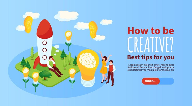 Free Vector creative thinking horizontal banner with progress and success symbols isometric vector illustration