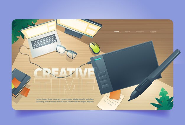 Creative time cartoon landing page, graphic designer workplace top view with digital tablet for painting, laptop, pc desktop, glasses, stationery and notepad on desk, work from home, Vector web banner