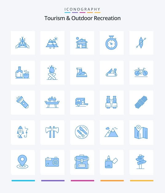 Creative tourism and outdoor recreation 25 blue icon pack such as kayak boat building hotel timer