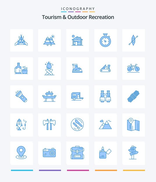 クリエイティブな観光とアウトドア レクリエーション 25 青いアイコン パック カヤック ボート ビルディング ホテル タイマーなど