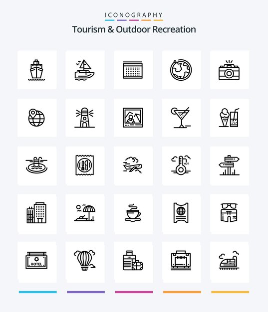Творческий туризм и отдых на природе 25 Набор значков OutLine, таких как фотокамера земного шара с изображением карты