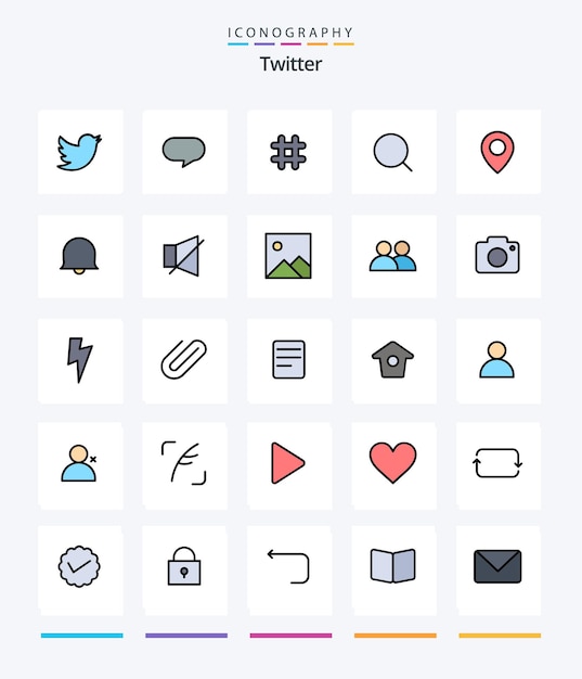 Creative twitter 25 line filled icon pack such as bell location tweet twitter tool