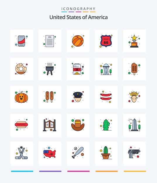 Creative Usa 25 Line FIlled icon pack Such As trophy achievement ball american shield