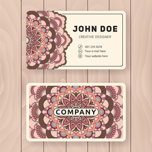 Creative useful business name card design. Vintage colored Mandala design for personal name card, visiting card or tag