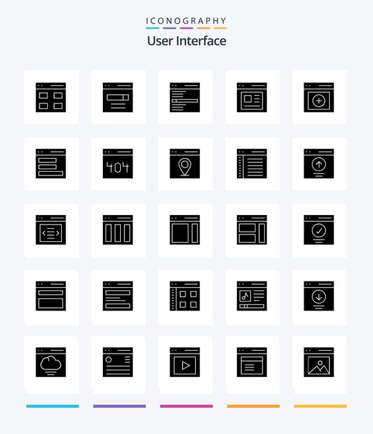 Творческий пользовательский интерфейс 25 Glyph Solid Black icon pack, такой как загрузка интерфейса поиска связи
