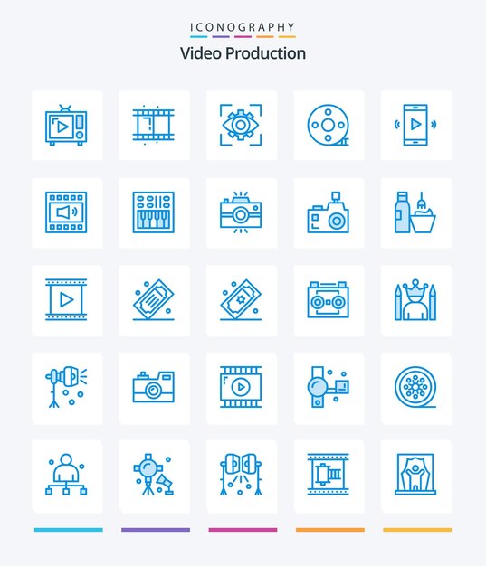 Creative Video Production 25 Синий пакет значков, например, вид с хлопушкой