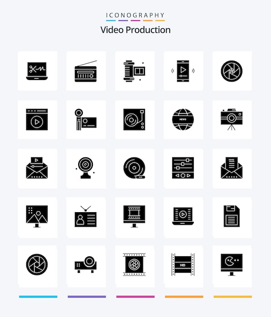 Free vector creative video production 25 glyph solid black icon pack such as video player app multimedia vintage radio movie screen