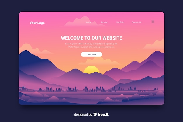 Creative welcome landing page with gradient landscape
