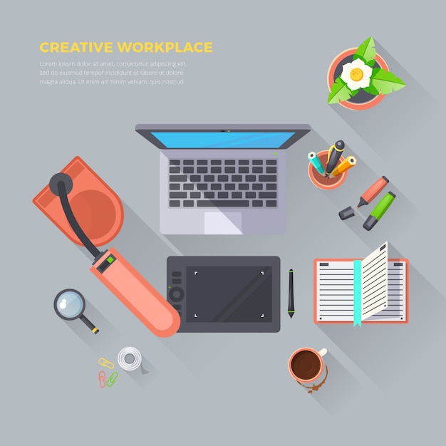 Creative workplace top view illustration