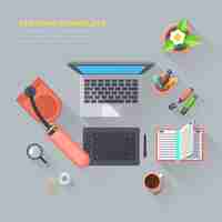 Free vector creative workplace top view illustration