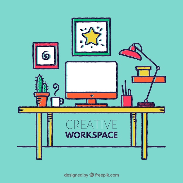 Creative workspace with hand drawn style