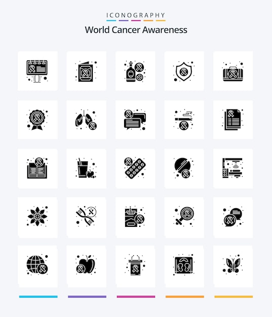 Free vector creative world cancer awareness 25 glyph solid black icon pack such as case first aid drink cancer protect