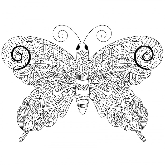 Farfalla creativa di stile zentangle con ornamenti floreali etnici, disegno in bianco e nero a mano libera in stile doodle. illustrazione vettoriale disegnata a mano.