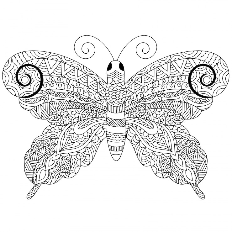 Free Vector  creative zentangle style butterfly with ethnic floral ornaments, black and white freehand sketch in doodle style. hand drawn vector illustration. 