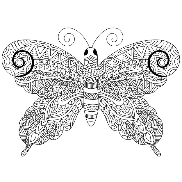 民族の花の飾りを持つ創造的なzentangleのスタイルの蝶、白黒のフリーハンドスケッチの様式。手描きのベクトル図。