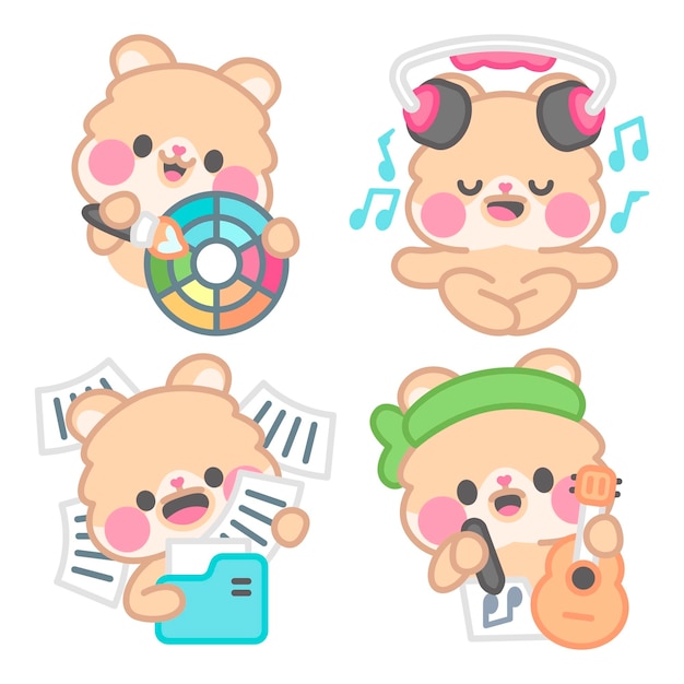 Free vector creativity stickers collection with kimchi the hamster