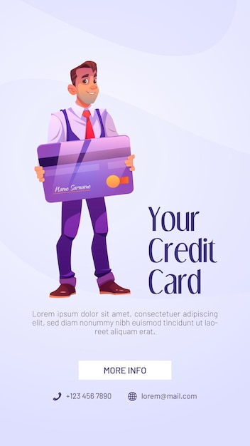 Free vector credit card poster with happy man customer or bank manager. vector banner of personal banking service with cartoon illustration of businessman character holding blank plastic card