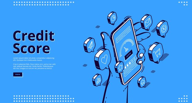 Credit score isometric landing page, hand holding smartphone with application meter. Bank consumer loan personal rating and risk control banking mobile service, 3d line art web banner template