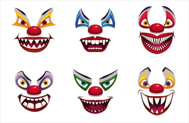 Жуткие лица клоуна, изолированные на белом страшный цирк концепции векторные иллюстрации eps