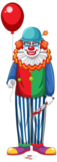 Жуткий клоун держит воздушный шар на белом фоне