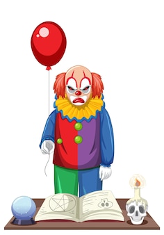 Creepy clown holding balloon on white background Free Vector