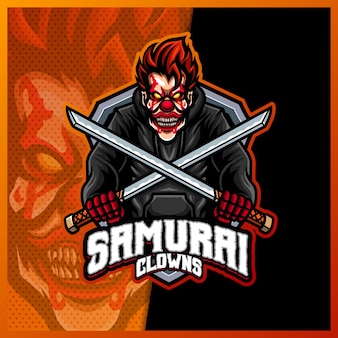 Creepy clown samurai mascot esport illustrations template, cross sword logo for streamer