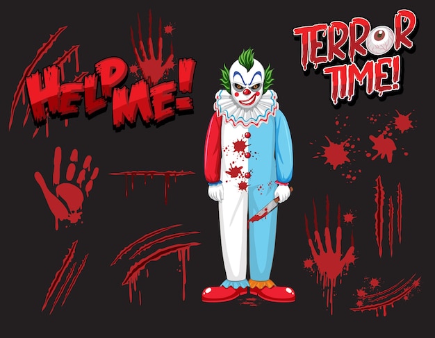 Free vector creepy clown with set of blood spatter and blood hand print