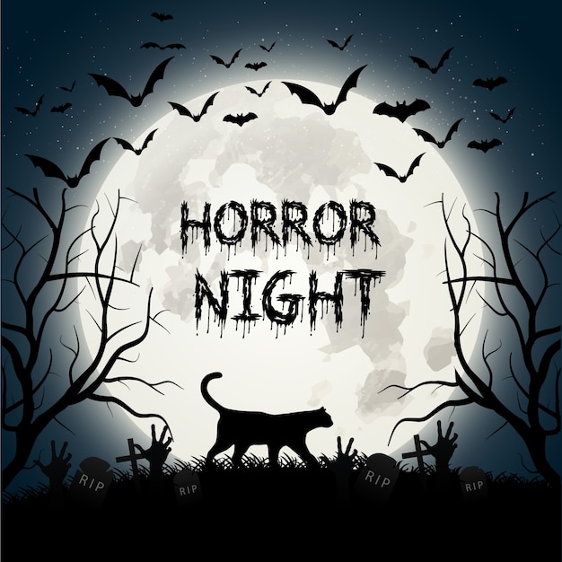 Free vector creepy halloween background with a cat and bats