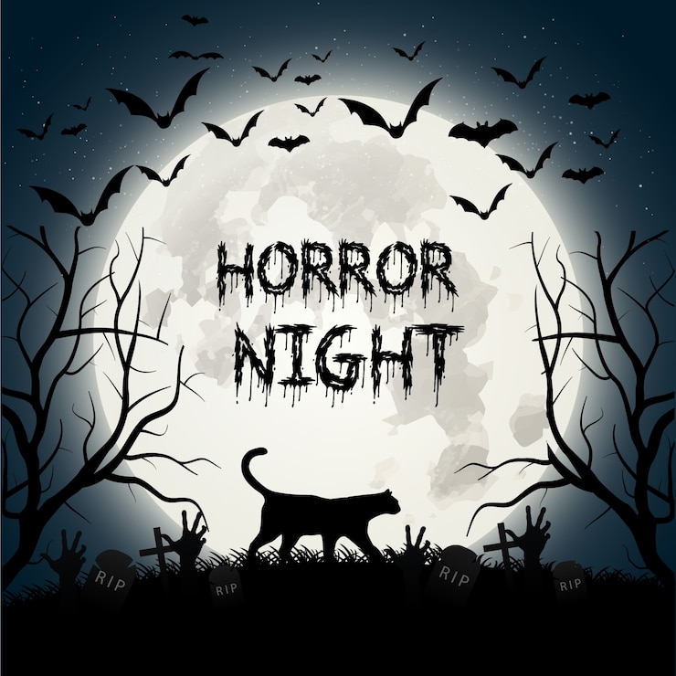 Free Vector creepy halloween background with a cat and bats