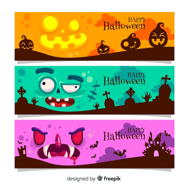 Vettore gratuito striscioni di halloween raccapriccianti con design piatto