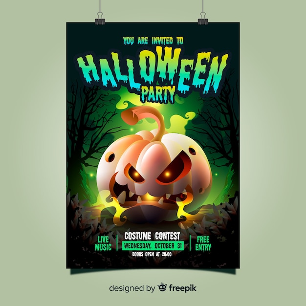 Vettore gratuito creepy modello di manifesto festa di halloween con un design realistico