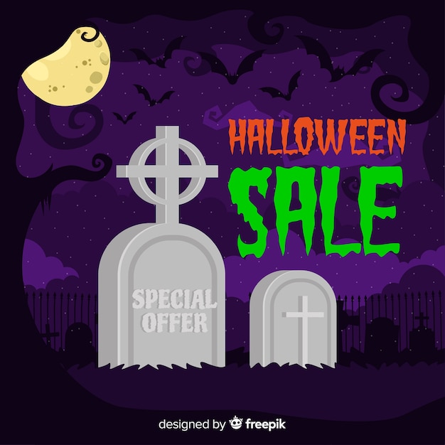 Vettore gratuito raccapricciante composizione di vendita di halloween con design piatto