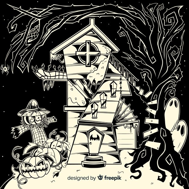 Creepy hand drawn halloween haunted house